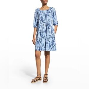 NWT NIC+ZOE Women’s Sz XL Blue Zig Zag Off-Shoulder Linen Blend Dress